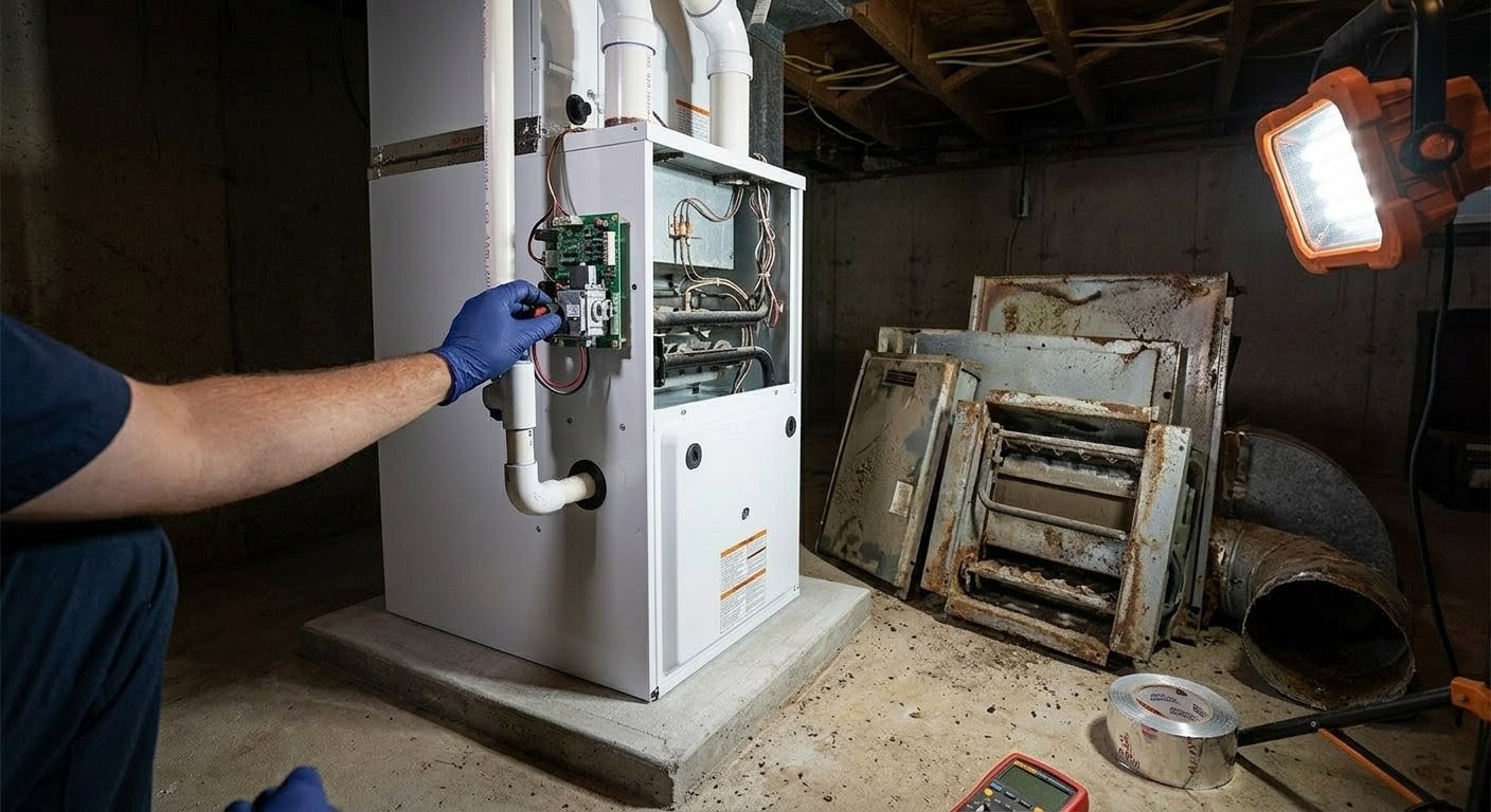 New high-efficiency furnace installed next to old unit in residential basement